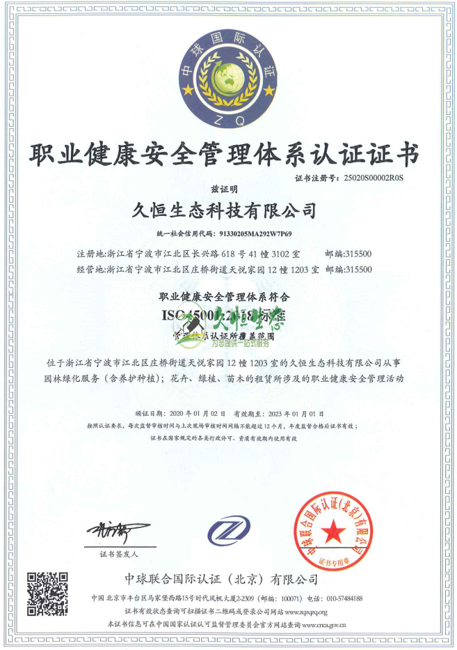 蔡甸职业健康安全管理体系ISO45001证书